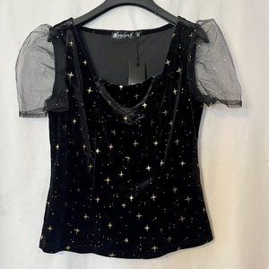 NWT Allegra K Black Velour-Gold Stars-Sheer Sleeves, Small,